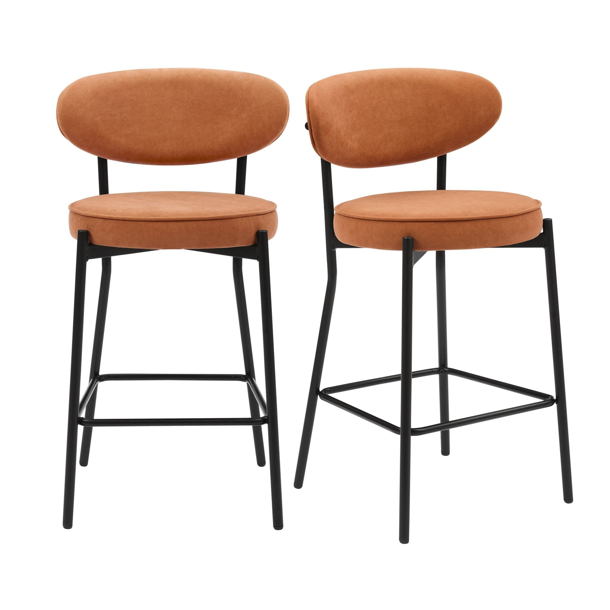 Tabouret de bar rétro en velours mat orange brûlé avec dossier arrondi pour cuisine