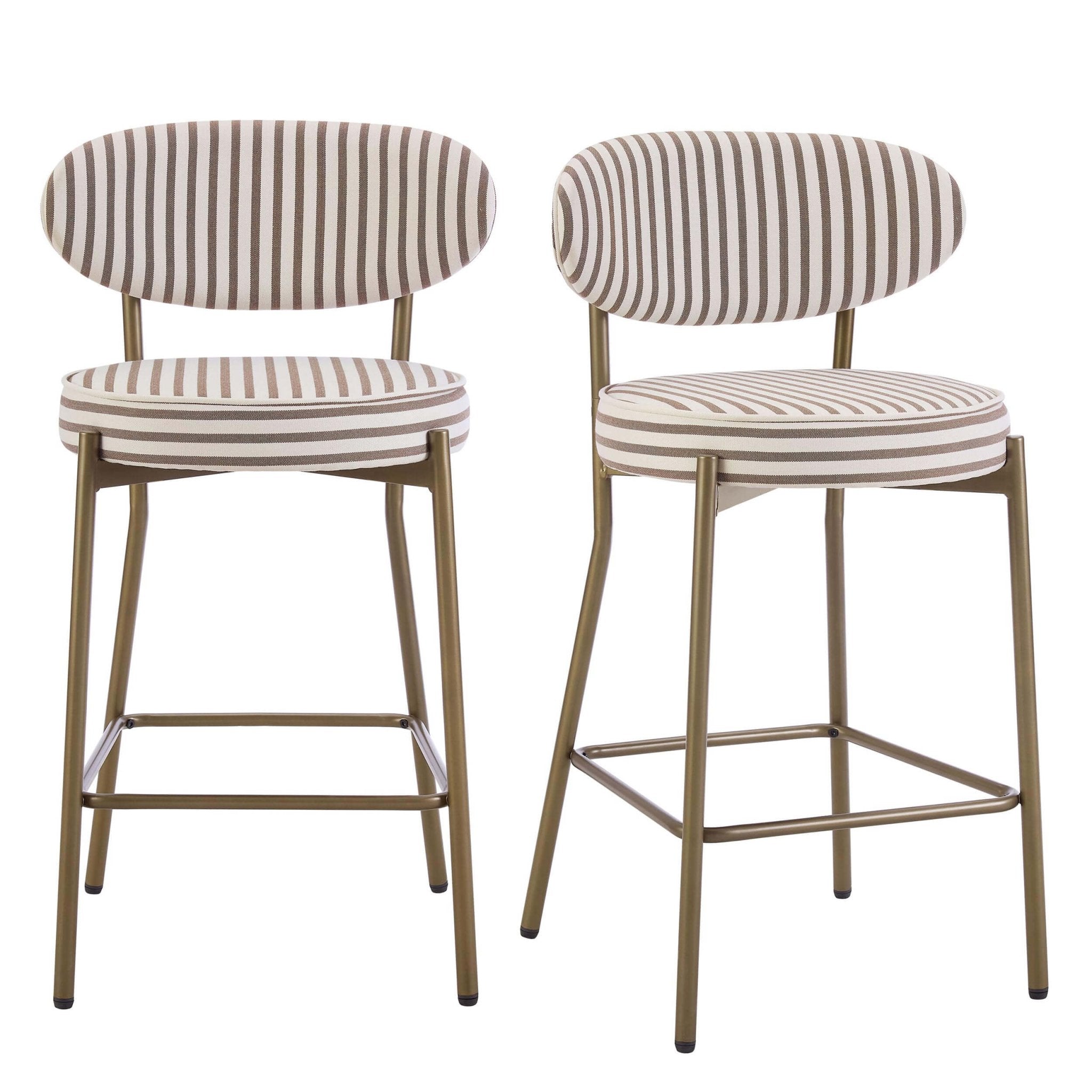 Tabouret de bar Cottagecore rayé en tissu chocolat avec structure en bronze pour la cuisine