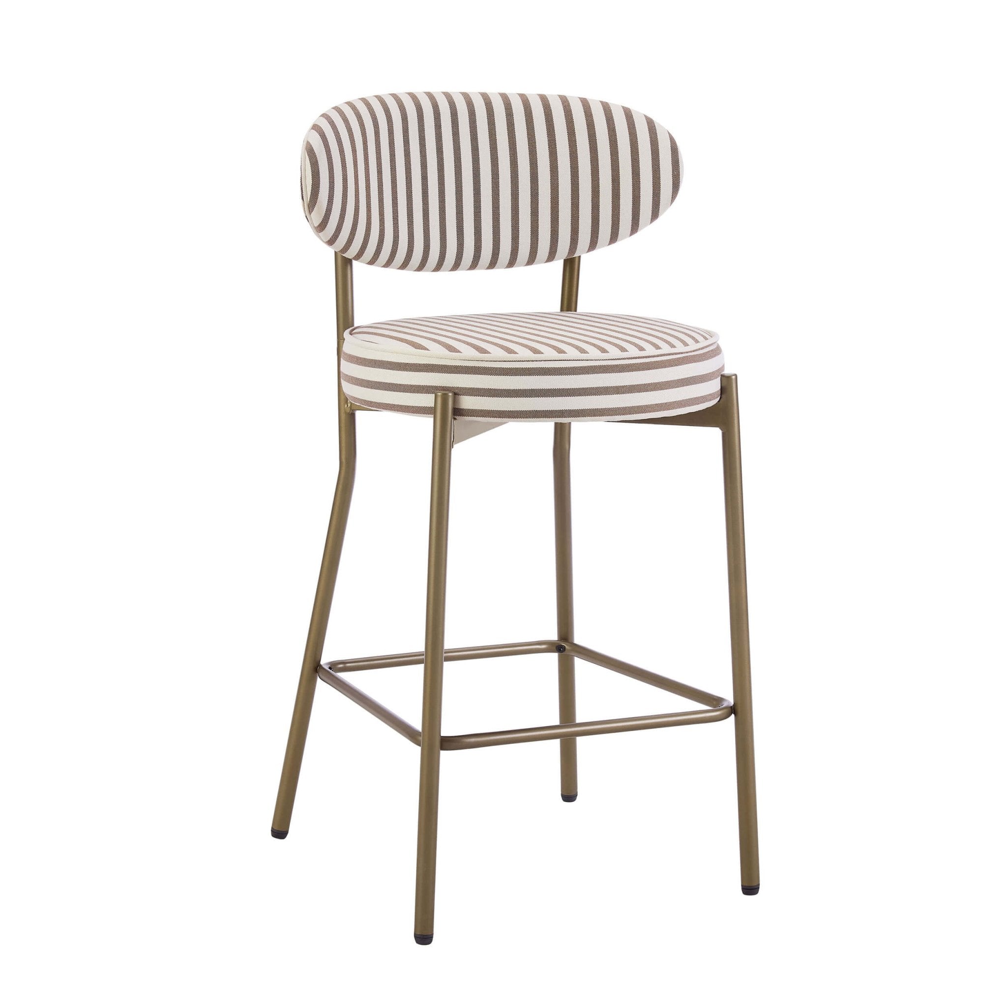 Tabouret de bar Cottagecore rayé en tissu chocolat avec structure en bronze pour la cuisine