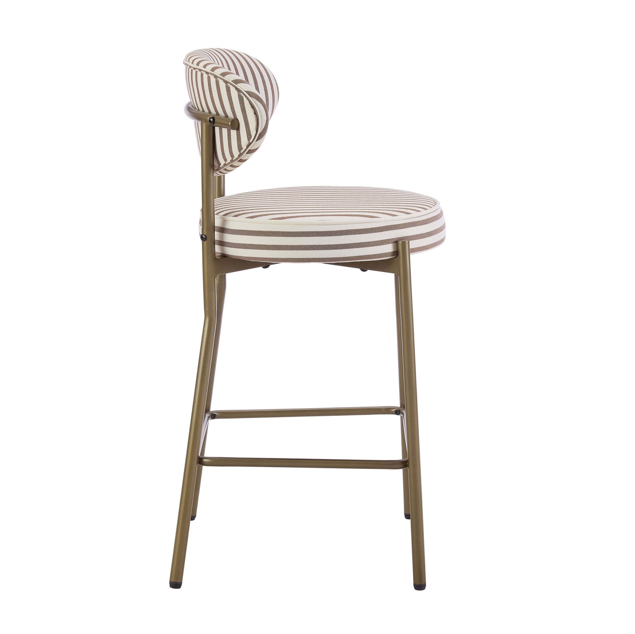 Tabouret de bar Cottagecore rayé en tissu chocolat avec structure en bronze pour la cuisine