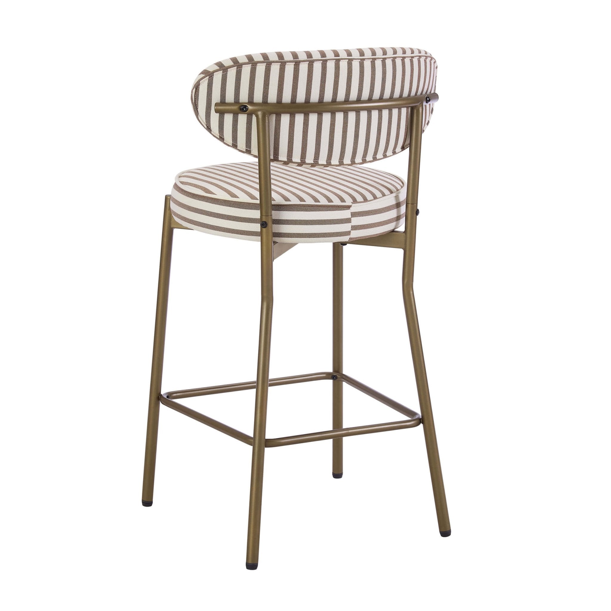 Tabouret de bar Cottagecore rayé en tissu chocolat avec structure en bronze pour la cuisine
