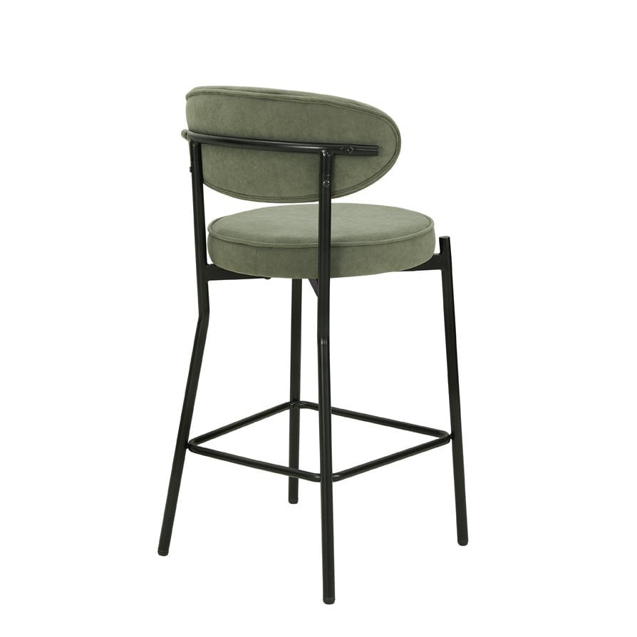 Tabouret de bar contemporain en velours mat vert sauge avec dossier arrondi pour cuisine