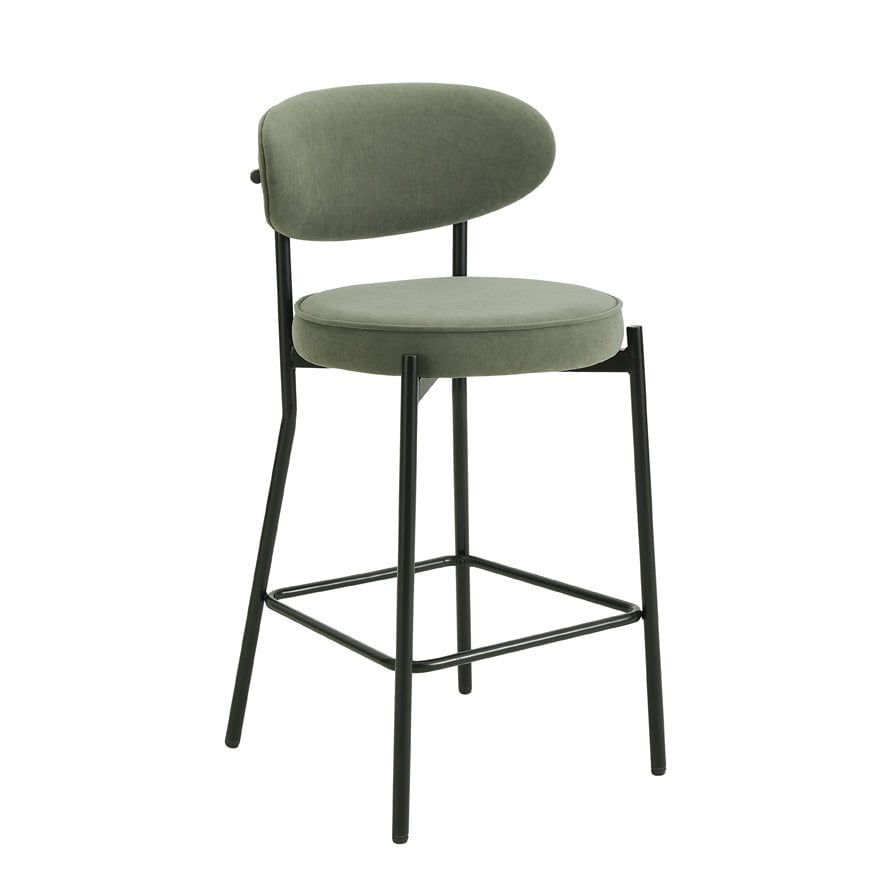 Tabouret de bar contemporain en velours mat vert sauge avec dossier arrondi pour cuisine