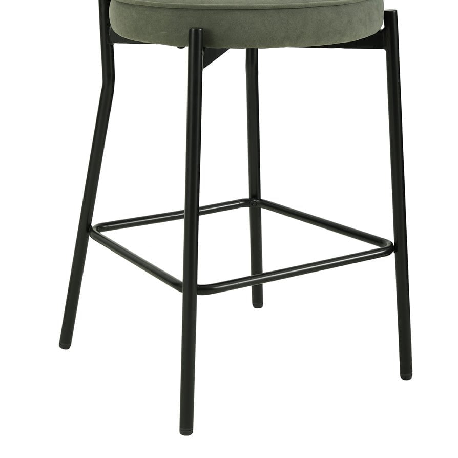 Tabouret de bar contemporain en velours mat vert sauge avec dossier arrondi pour cuisine
