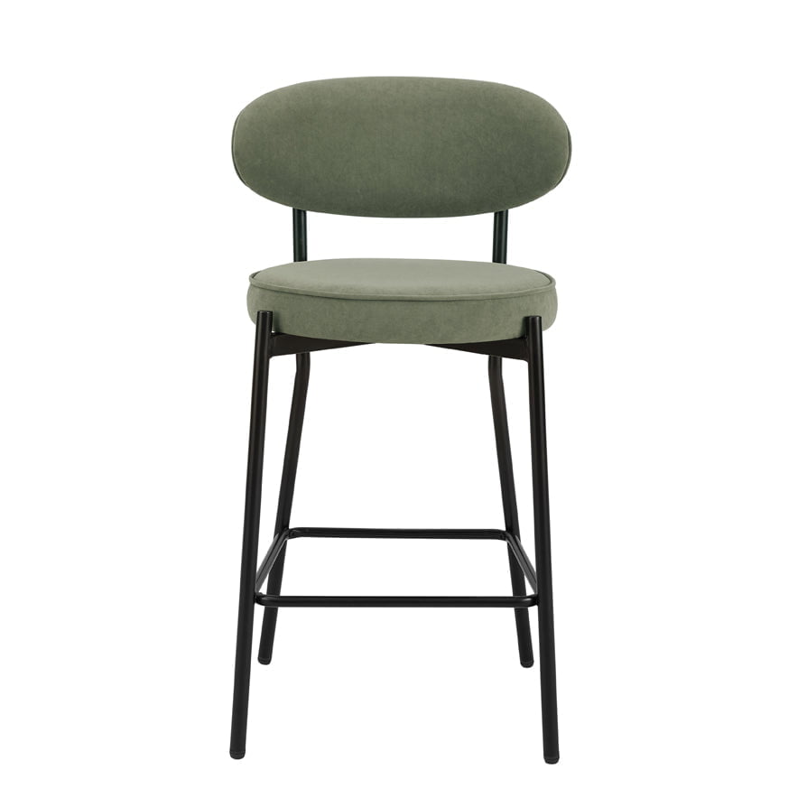 Tabouret de bar contemporain en velours mat vert sauge avec dossier arrondi pour cuisine