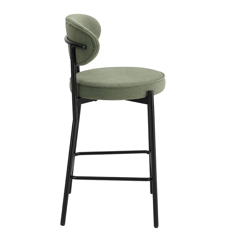 Tabouret de bar contemporain en velours mat vert sauge avec dossier arrondi pour cuisine