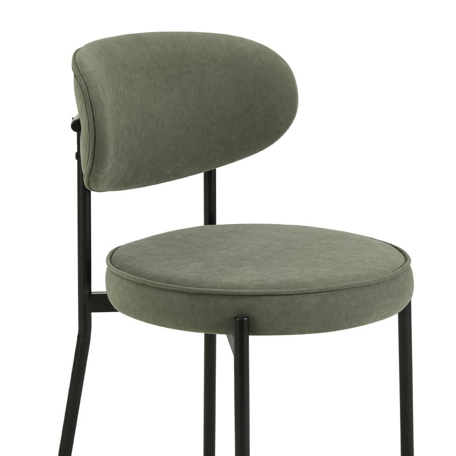 Tabouret de bar contemporain en velours mat vert sauge avec dossier arrondi pour cuisine