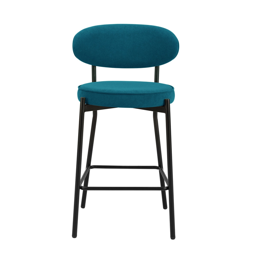 Tabouret de bar contemporain en velours mat sarcelle avec dossier arrondi pour cuisine