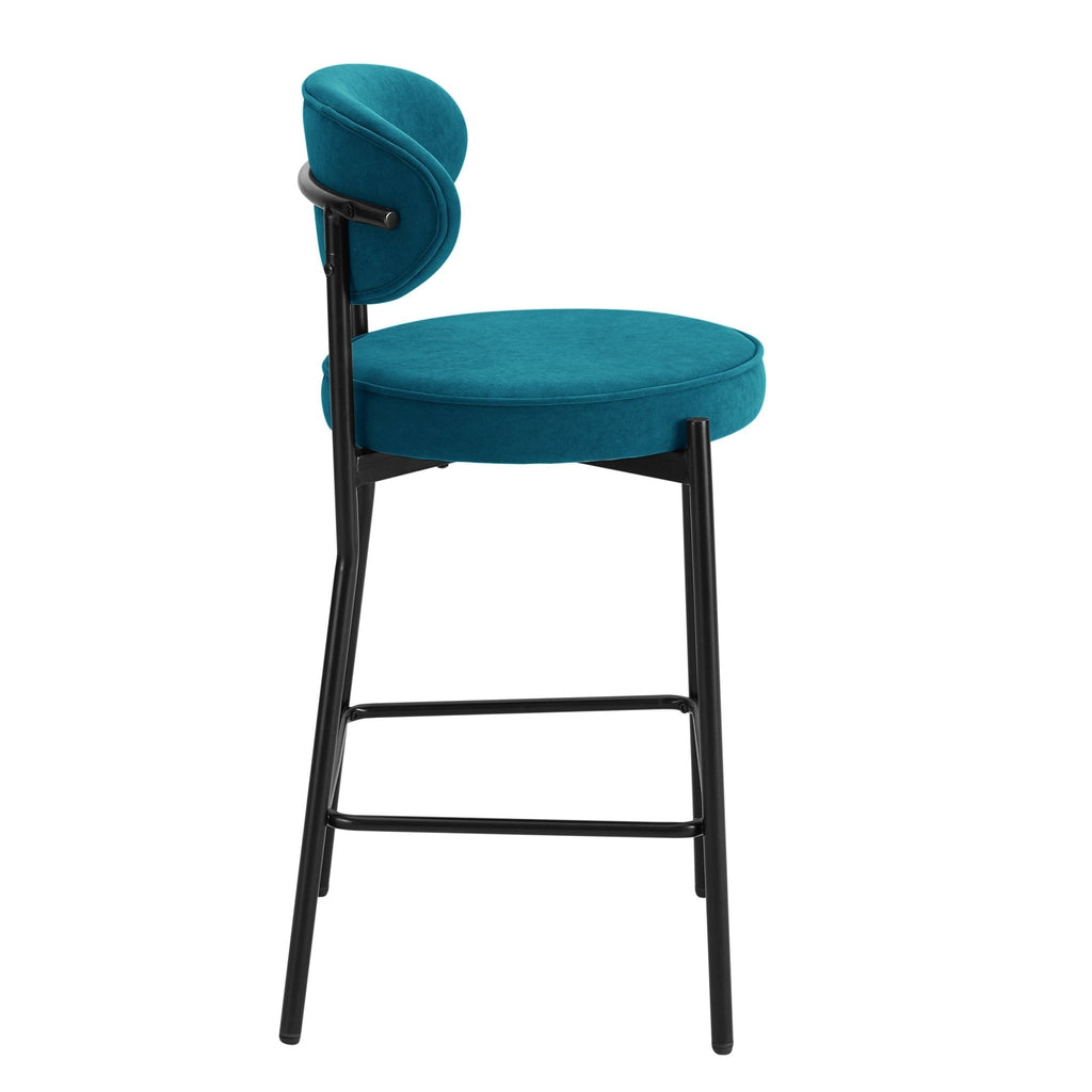 Tabouret de bar contemporain en velours mat sarcelle avec dossier arrondi pour cuisine