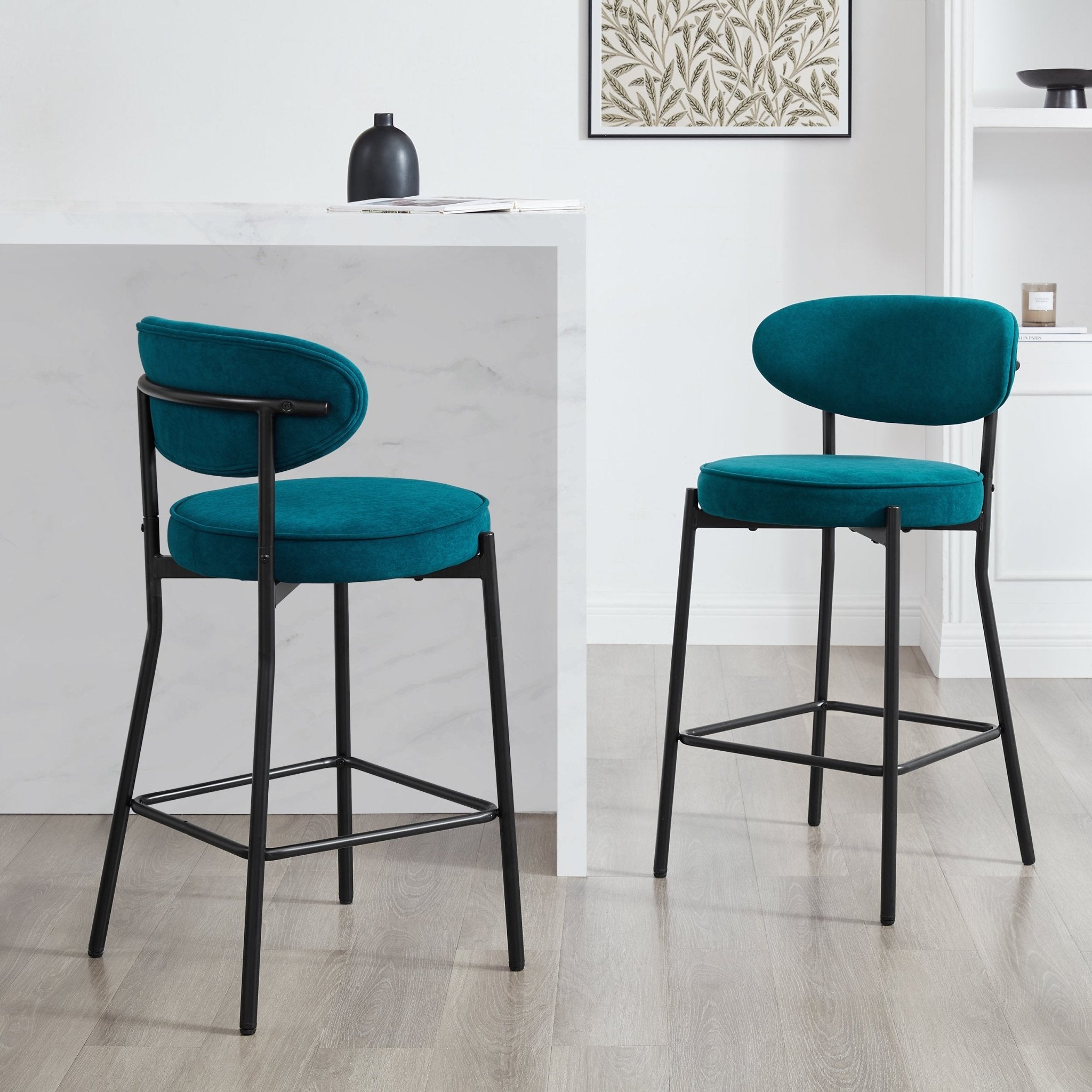 Tabouret de bar contemporain en velours mat sarcelle avec dossier arrondi pour cuisine