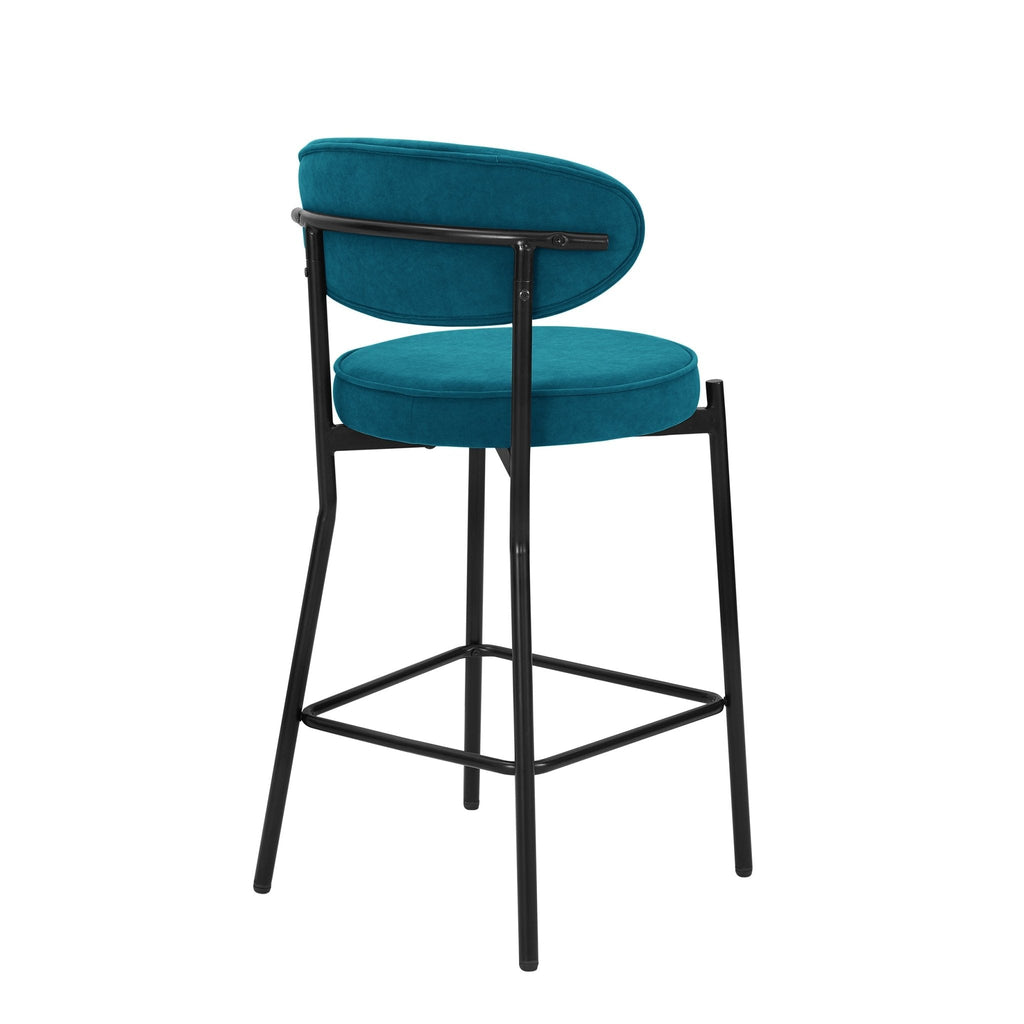 Tabouret de bar contemporain en velours mat sarcelle avec dossier arrondi pour cuisine