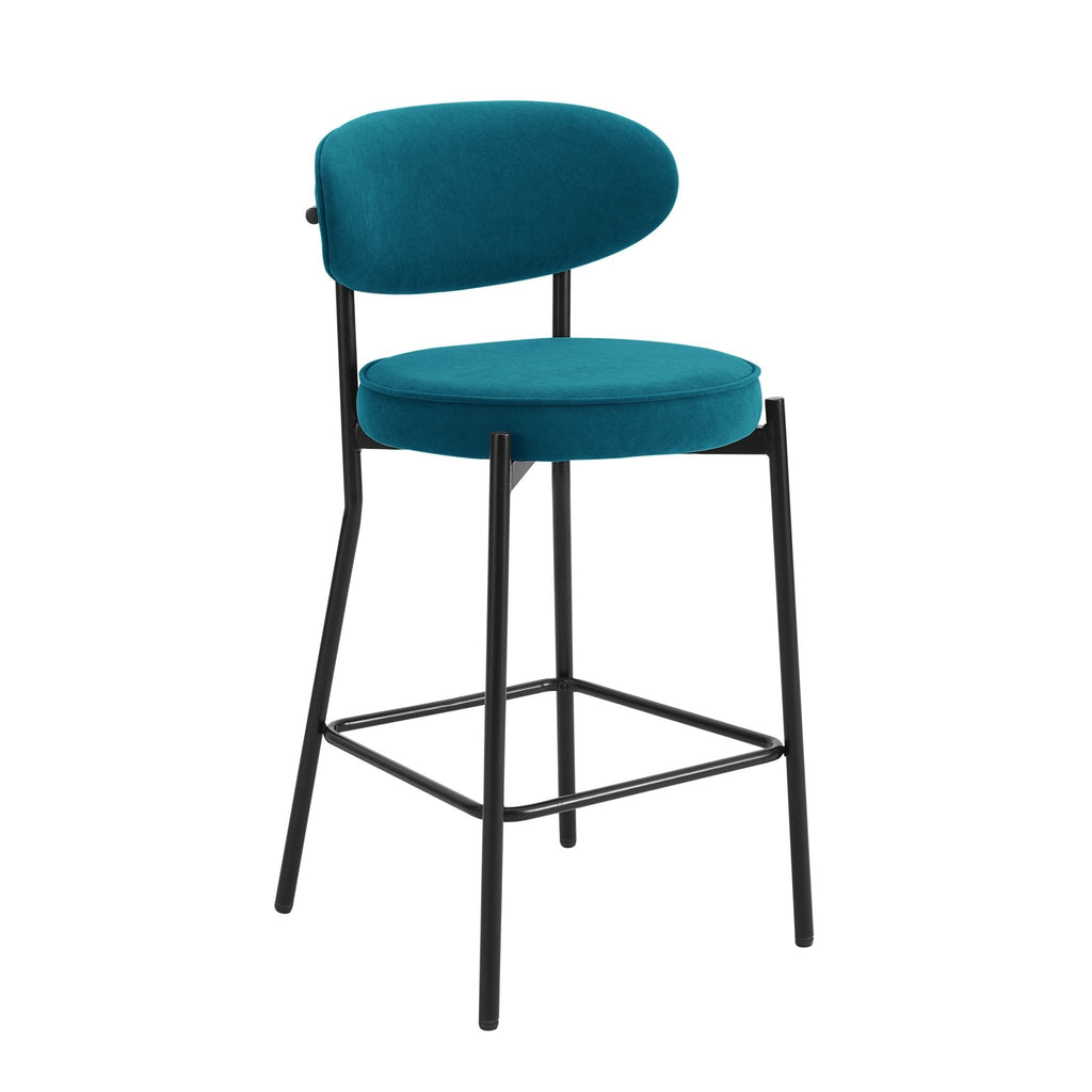 Tabouret de bar contemporain en velours mat sarcelle avec dossier arrondi pour cuisine