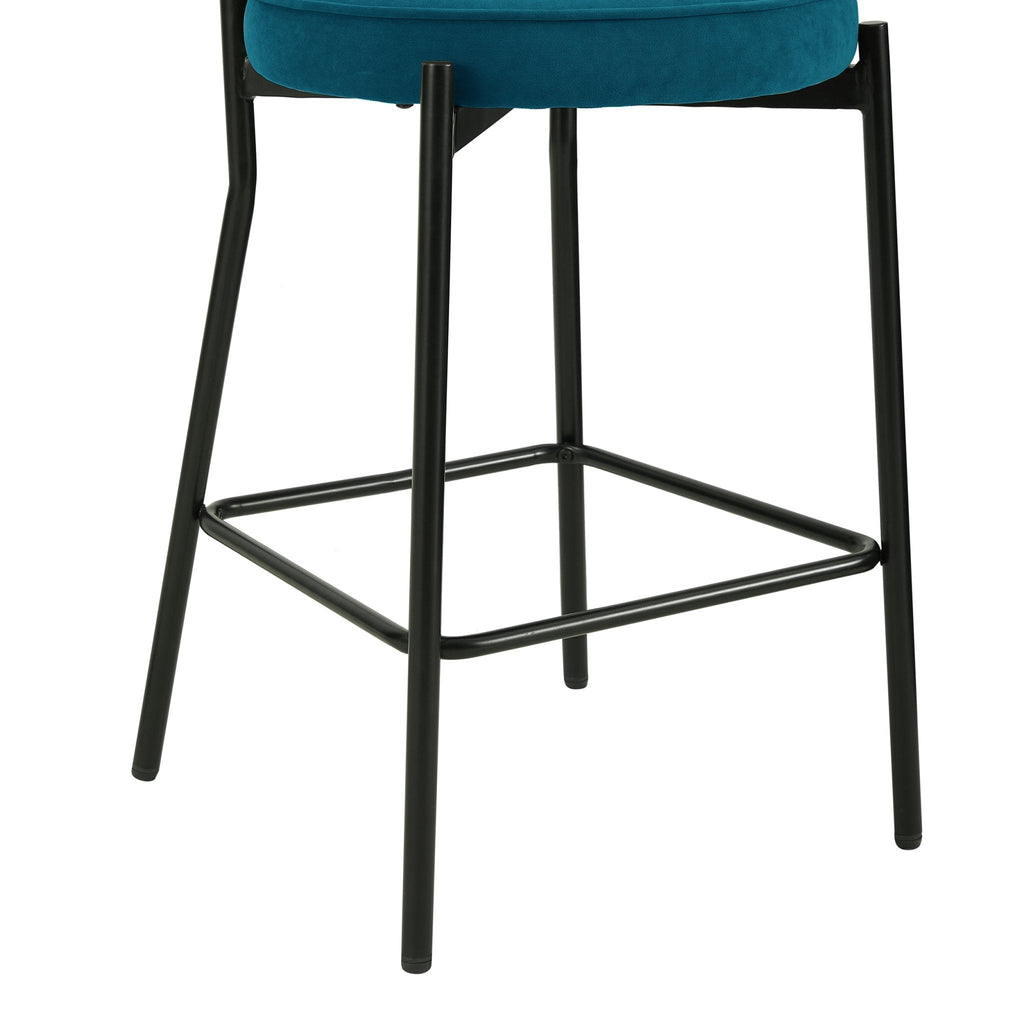 Tabouret de bar contemporain en velours mat sarcelle avec dossier arrondi pour cuisine
