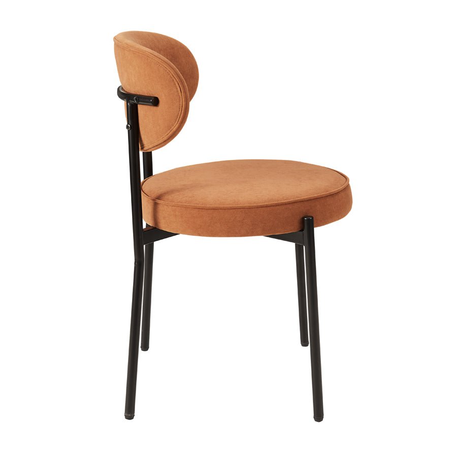 Chaise de salle à manger en velours mat orange brûlé rétro avec dossier arrondi pour salle à manger