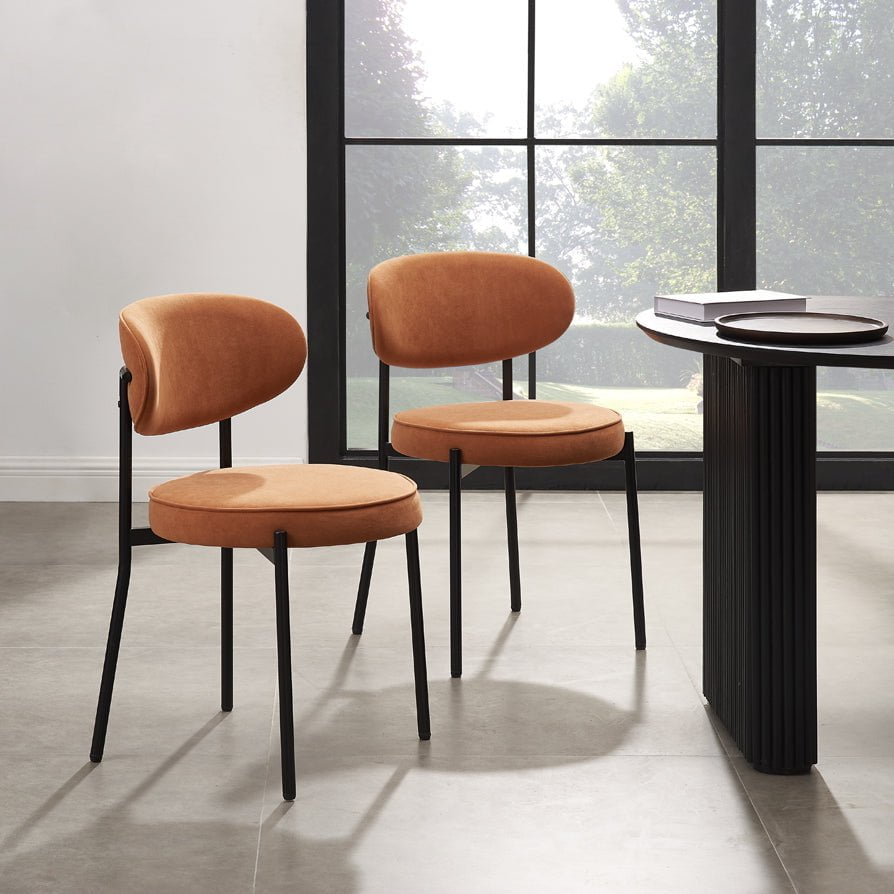 Chaise de salle à manger en velours mat orange brûlé rétro avec dossier arrondi pour salle à manger