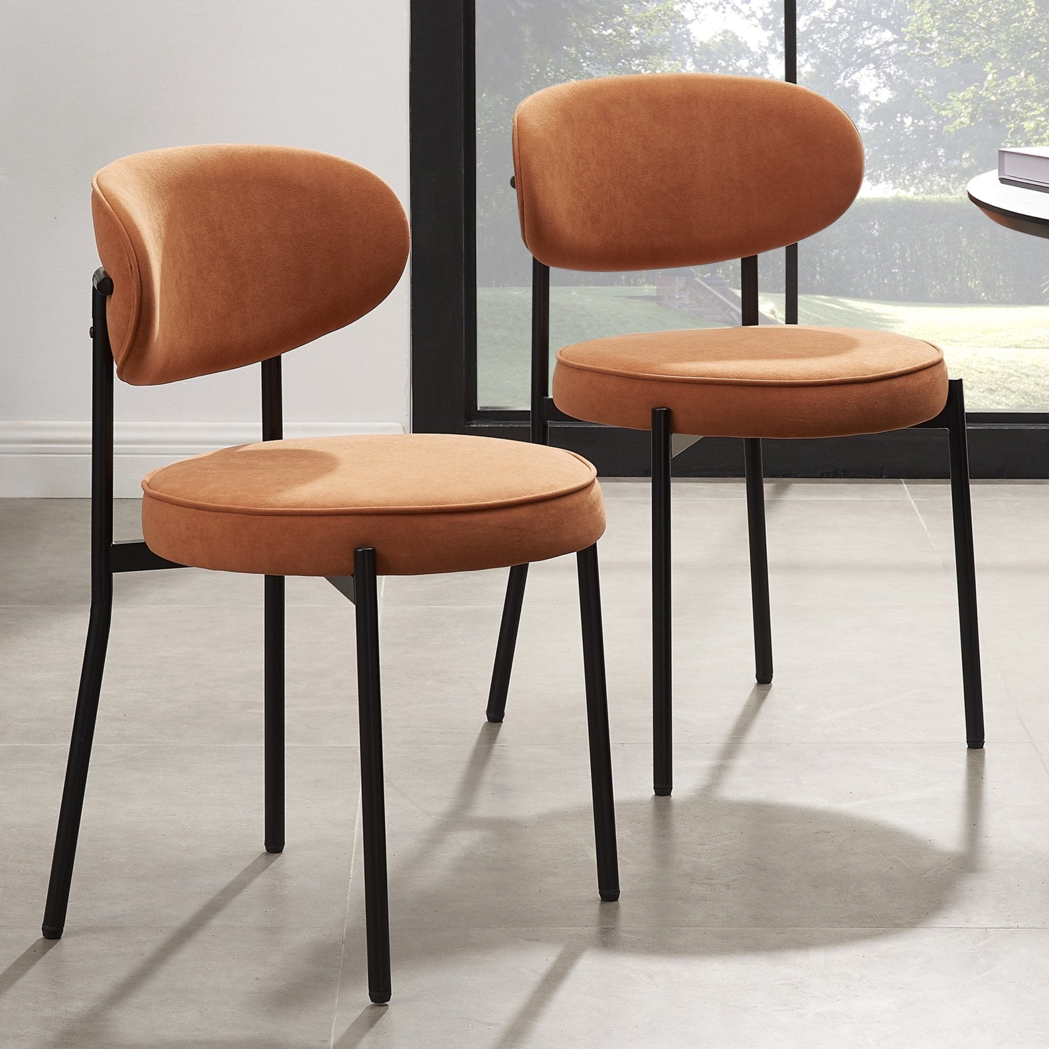 Chaise de salle à manger en velours mat orange brûlé rétro avec dossier arrondi pour salle à manger
