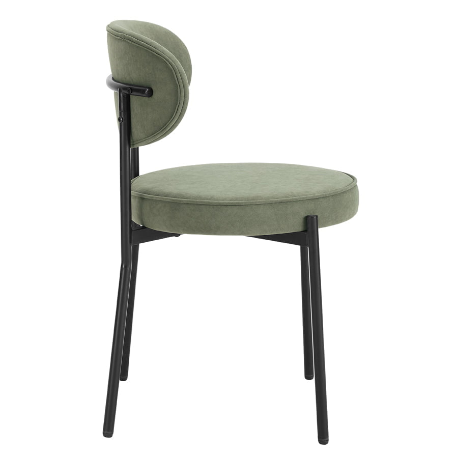 Chaise de salle à manger contemporaine en velours mat vert sauge avec dossier arrondi