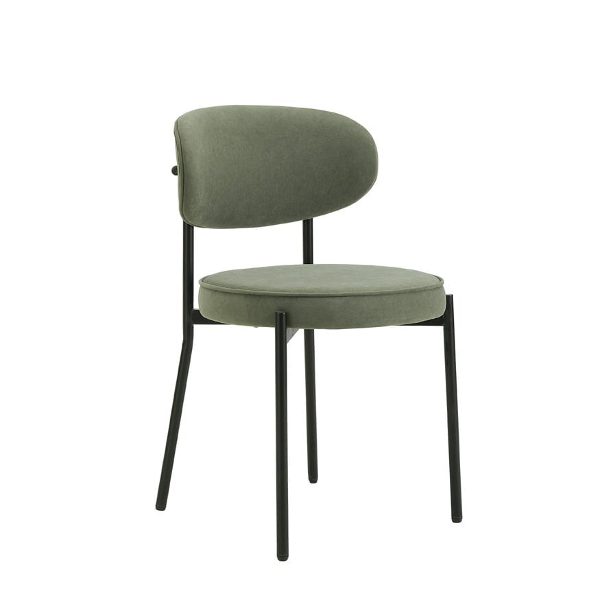 Chaise de salle à manger contemporaine en velours mat vert sauge avec dossier arrondi