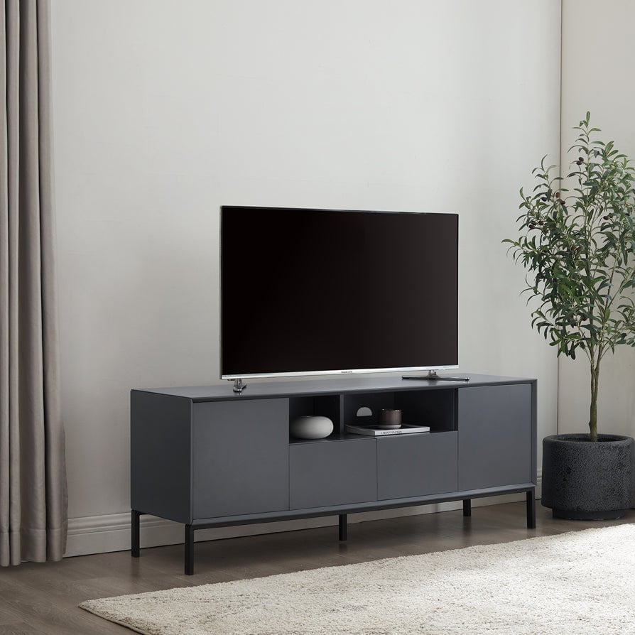 Meuble TV contemporain couleur charbon avec portes à ouverture par pression pour téléviseurs jusqu'à 60 pouces pour le salon