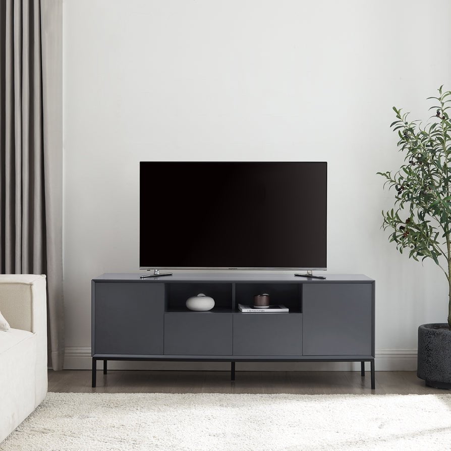 Meuble TV contemporain couleur charbon avec portes à ouverture par pression pour téléviseurs jusqu'à 60 pouces pour le salon