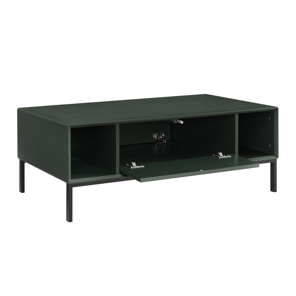 Table basse contemporaine vert forêt avec étagère ouverte pour salon