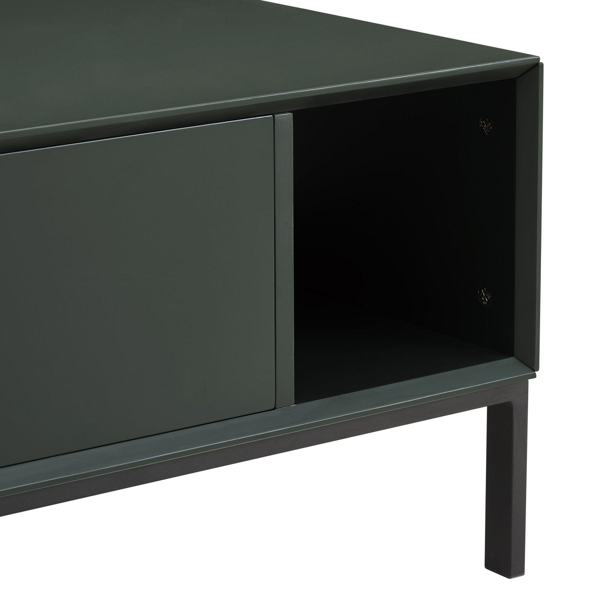 Table basse contemporaine vert forêt avec étagère ouverte pour salon