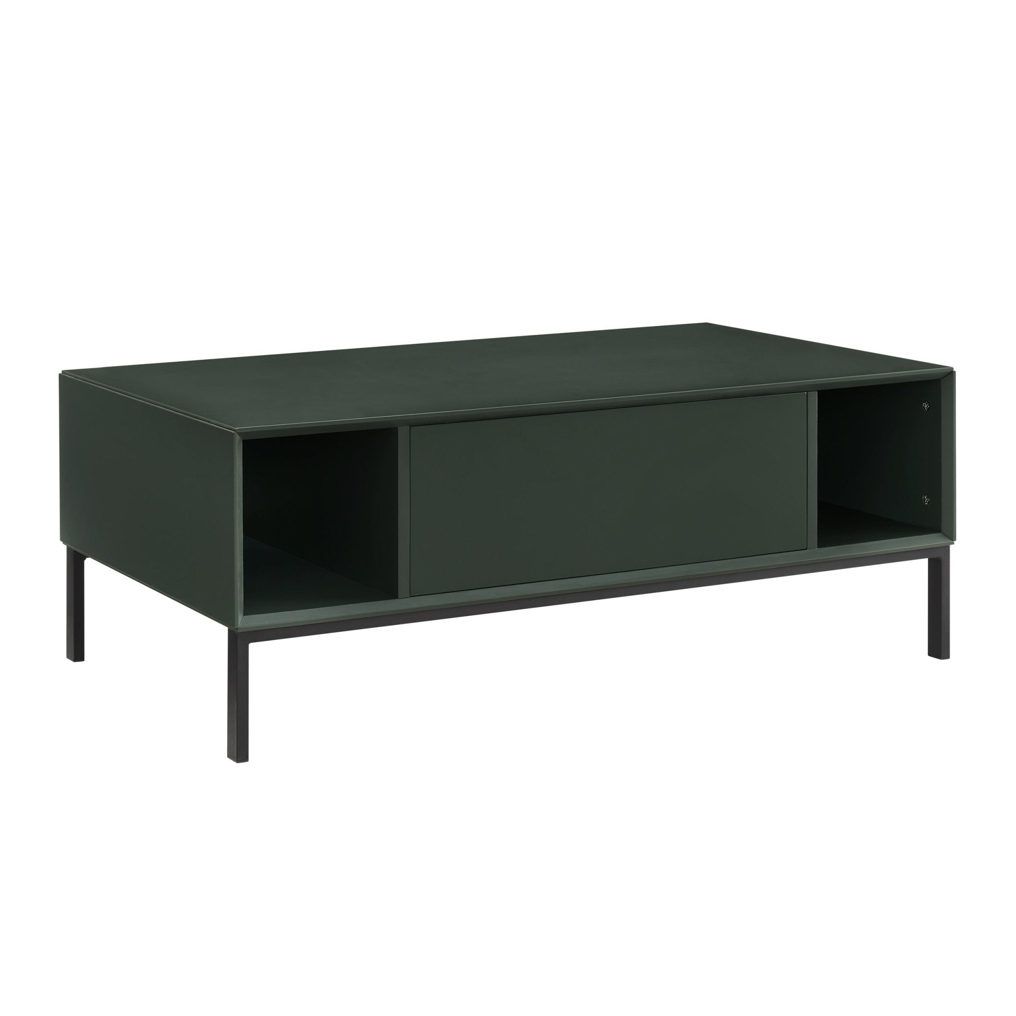 Table basse contemporaine vert forêt avec étagère ouverte pour salon