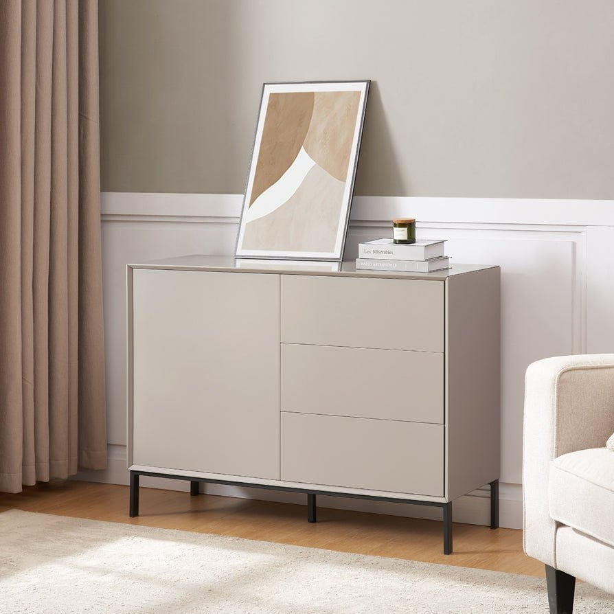Buffet bas taupe contemporain avec tiroirs pour salon