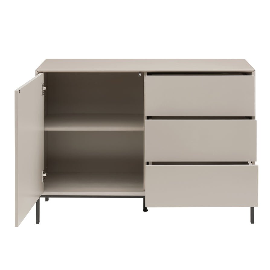 Buffet bas taupe contemporain avec tiroirs pour salon