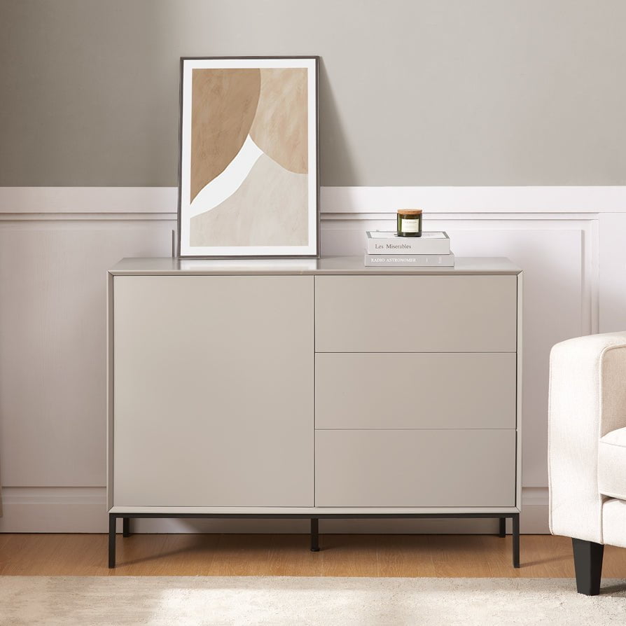 Buffet bas taupe contemporain avec tiroirs pour salon
