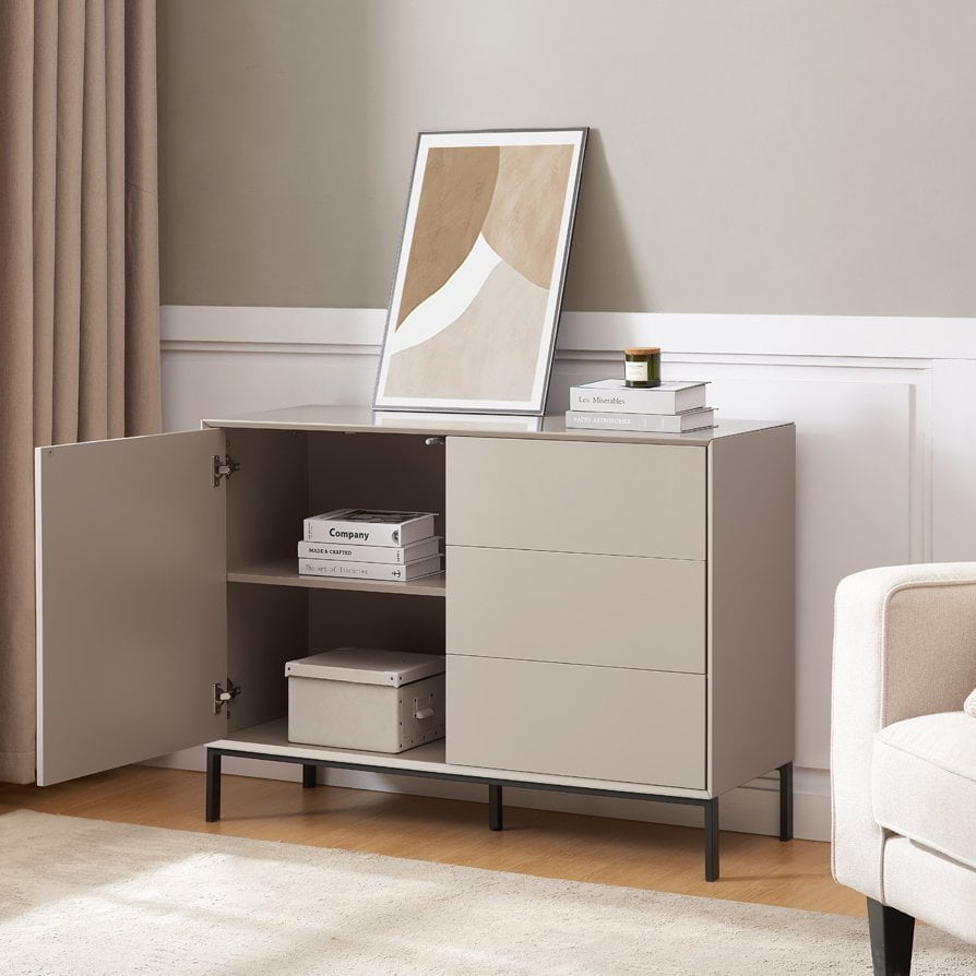 Buffet bas taupe contemporain avec tiroirs pour salon