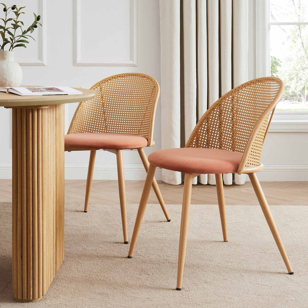 Chaise de salle à manger en tissu abricot de style bohème avec cadre en bois naturel