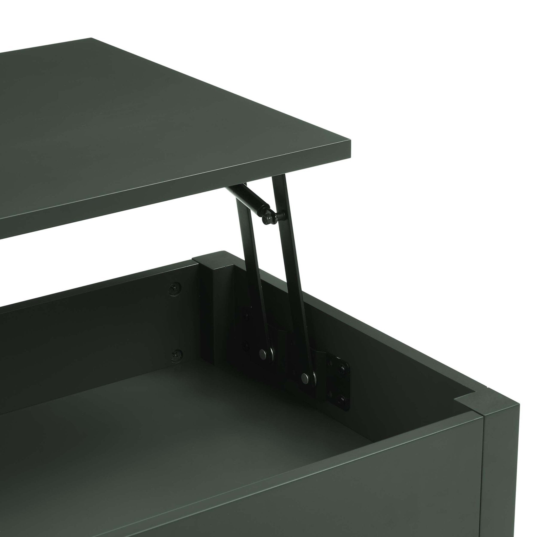 Table basse moderne vert forêt avec plateau relevable et rangement dissimulé pour le salon