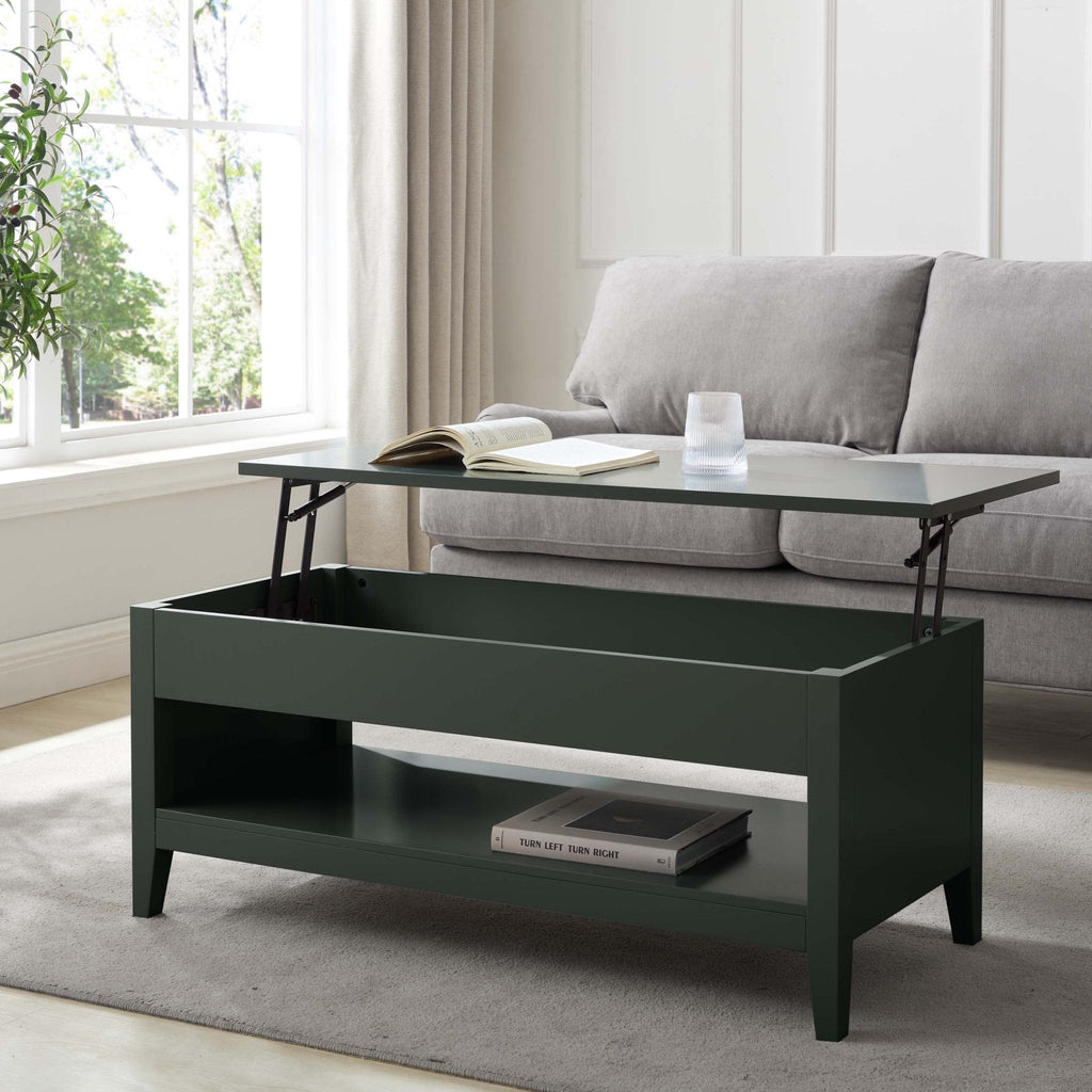 Table basse moderne vert forêt avec plateau relevable et rangement dissimulé pour le salon