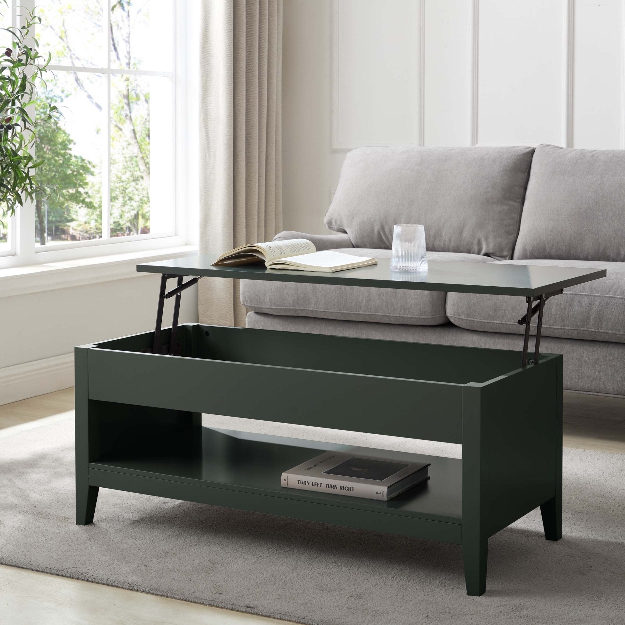 Table basse moderne vert forêt avec plateau relevable et rangement dissimulé pour le salon
