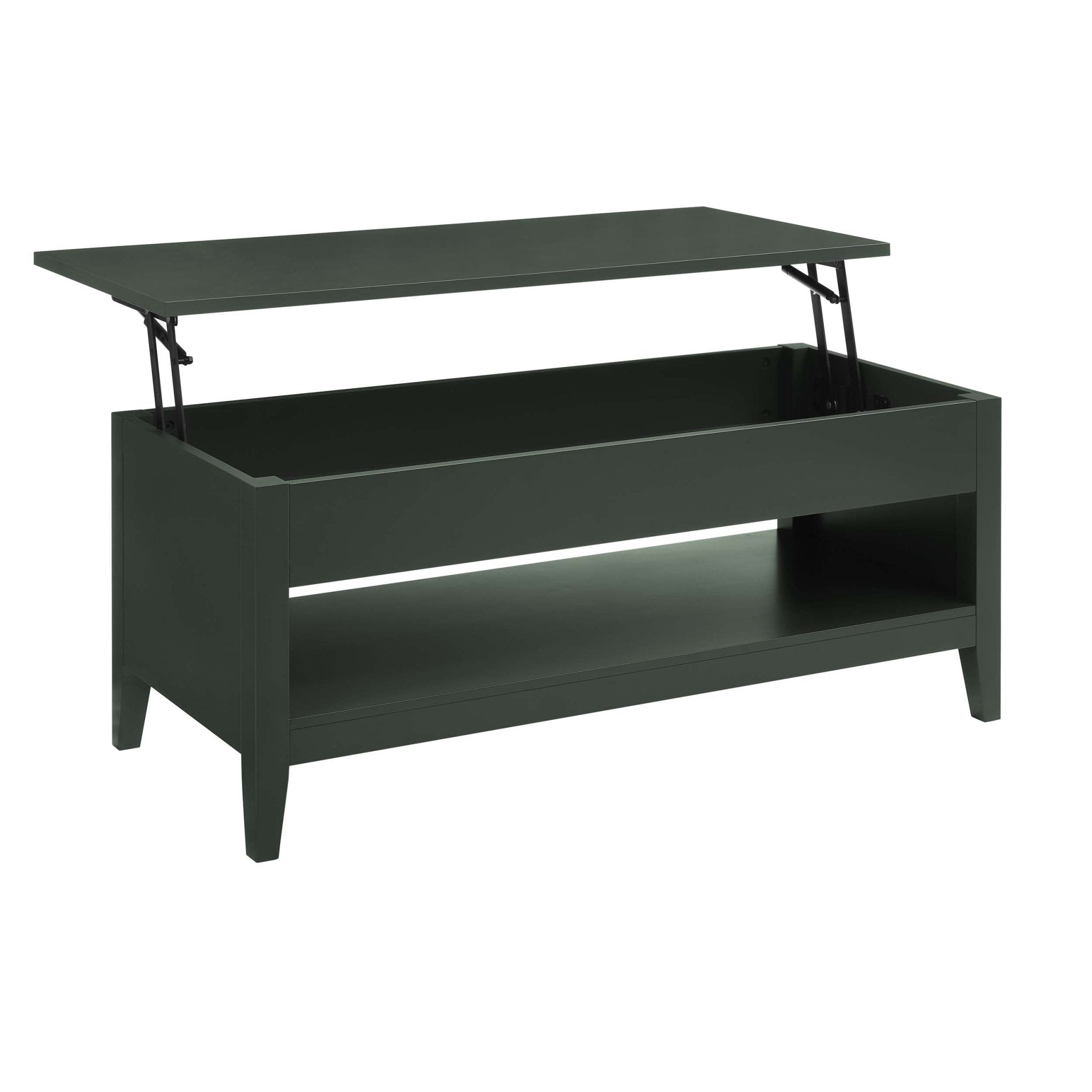 Table basse moderne vert forêt avec plateau relevable et rangement dissimulé pour le salon