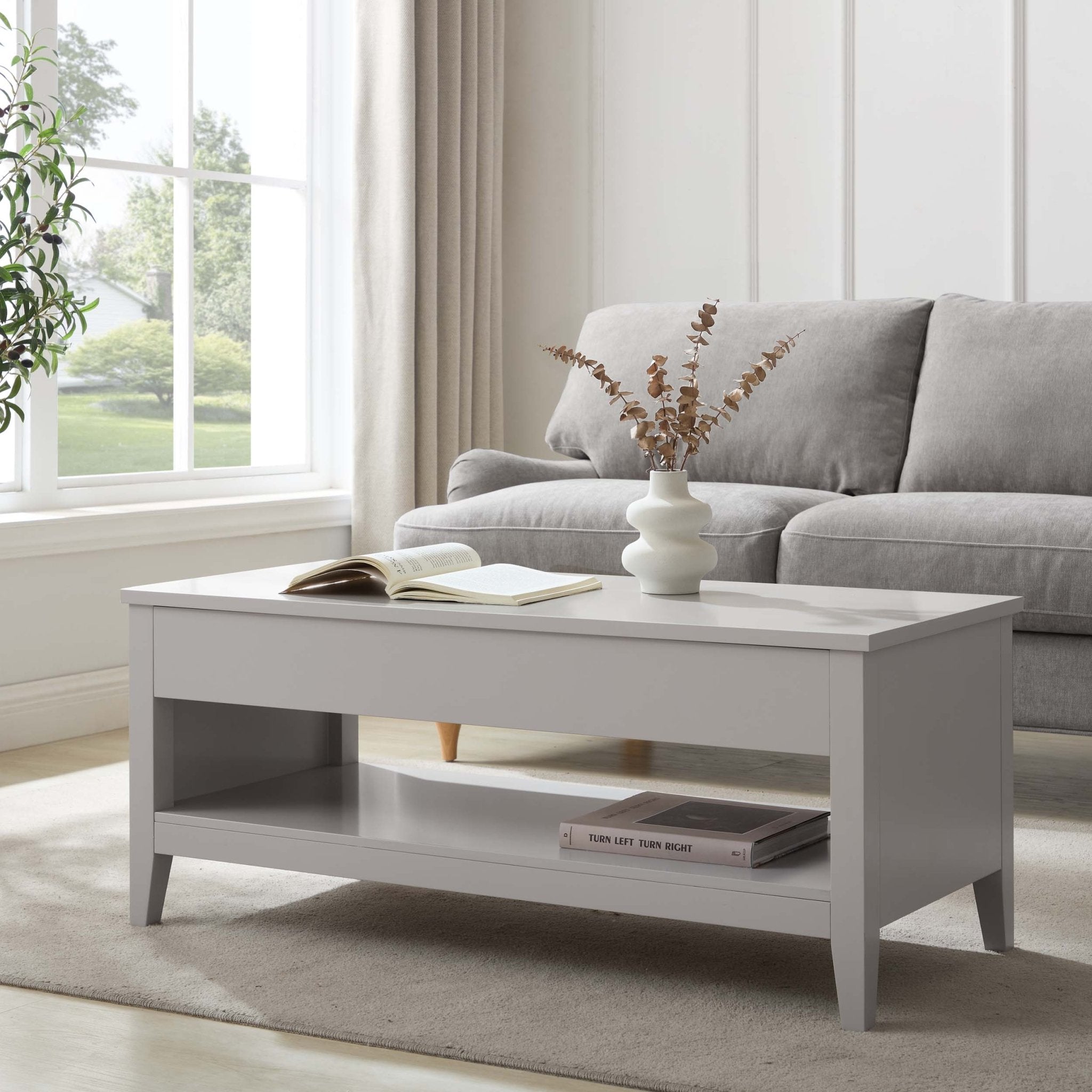 Table basse moderne gris peint à plateau relevable avec rangement dissimulé pour salon