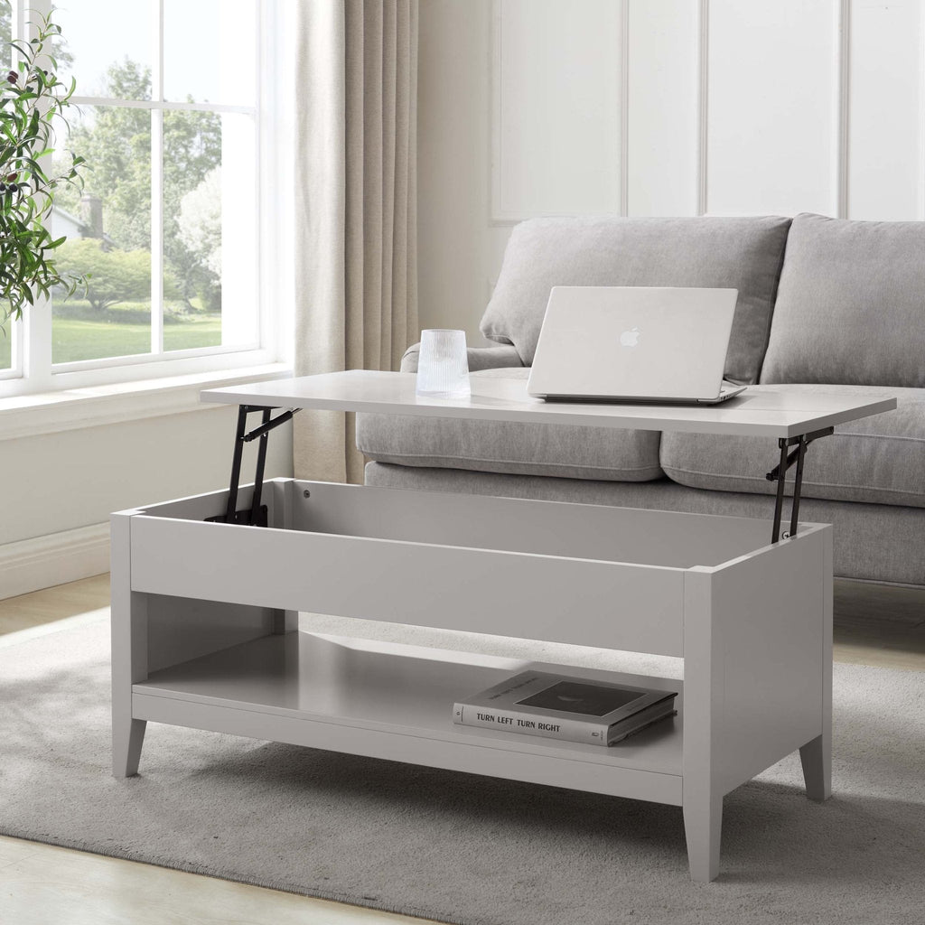 Table basse moderne gris peint à plateau relevable avec rangement dissimulé pour salon