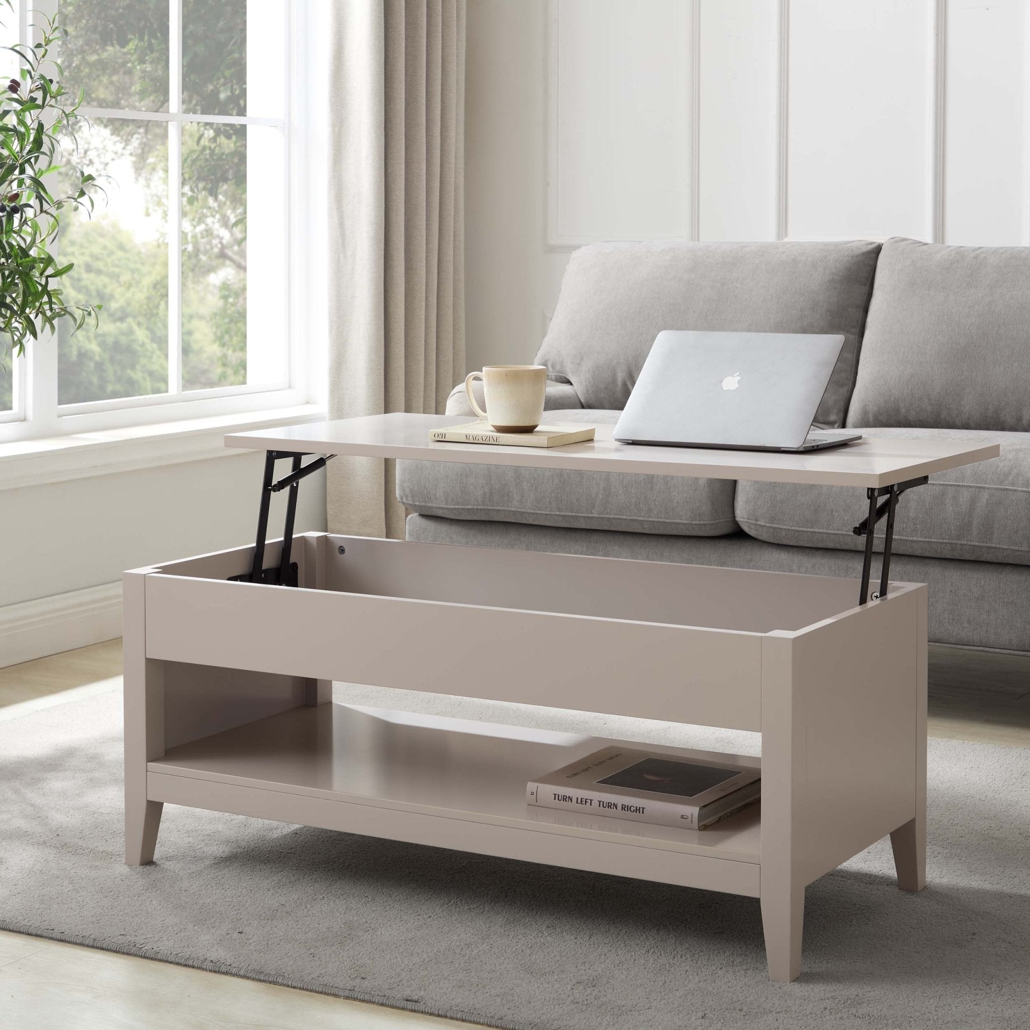 Table basse relevable galet moderne avec rangement caché pour salon