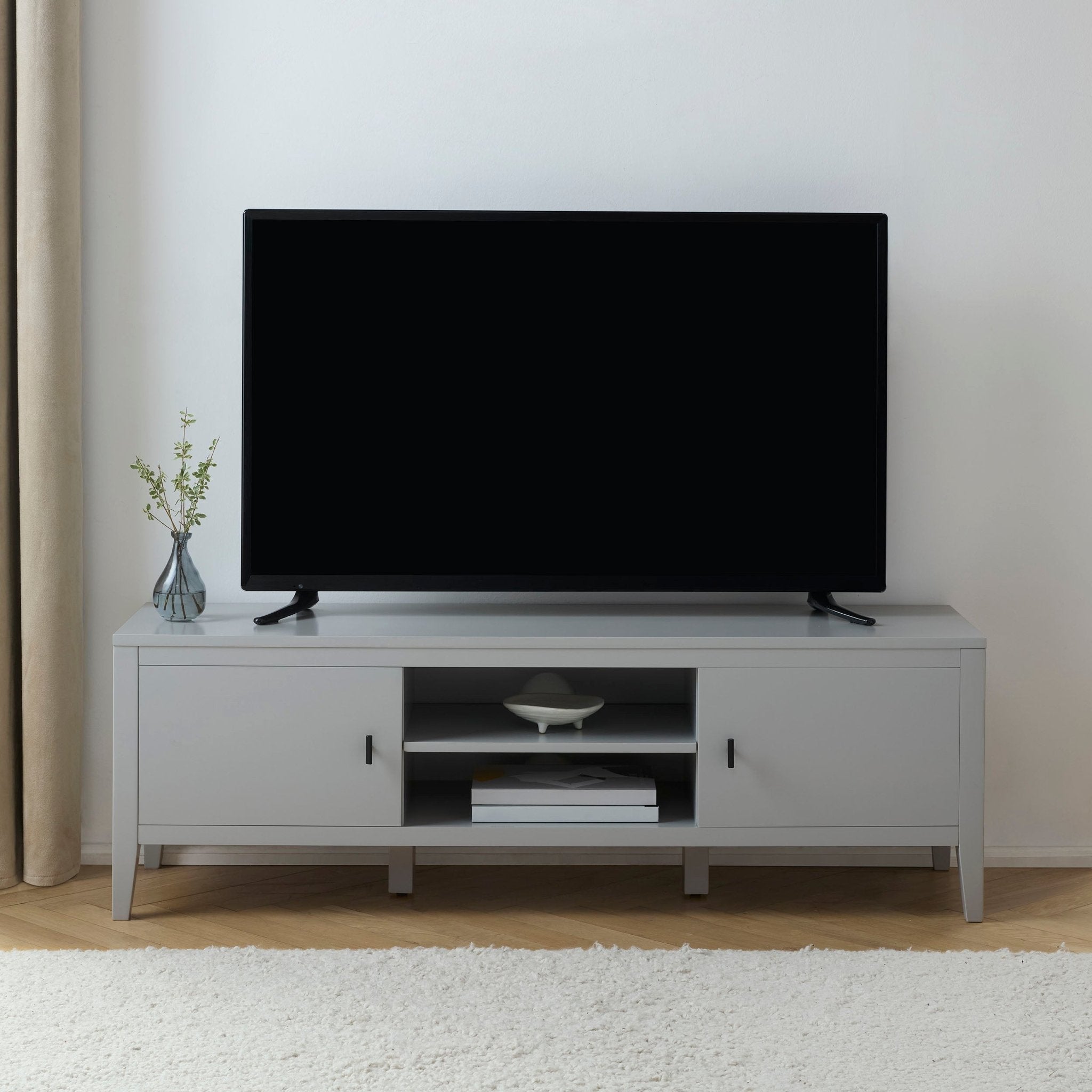 Meuble TV gris moderne peint avec étagère ouverte de rangement pour salon