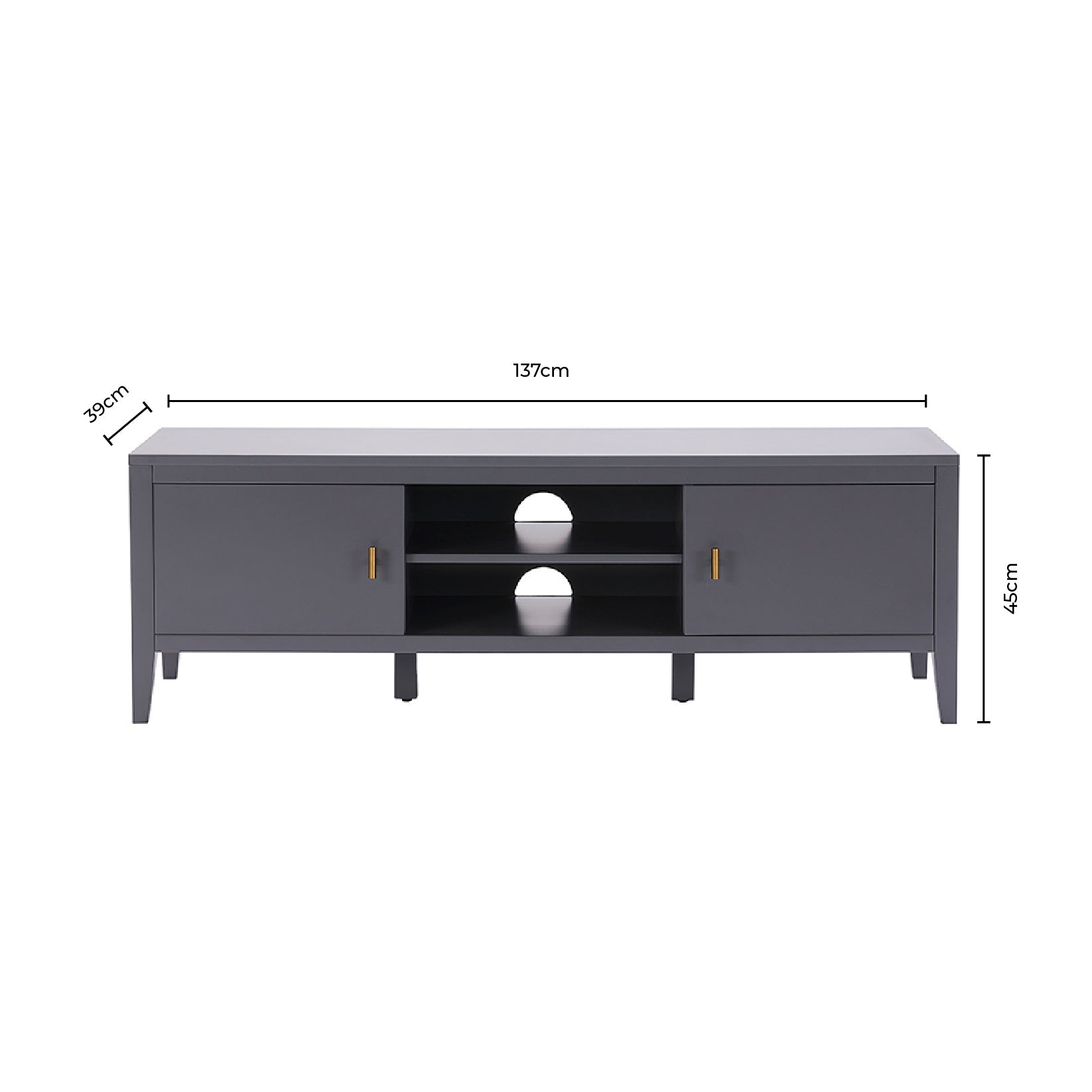 Meuble TV gris moderne peint avec étagère ouverte de rangement pour salon