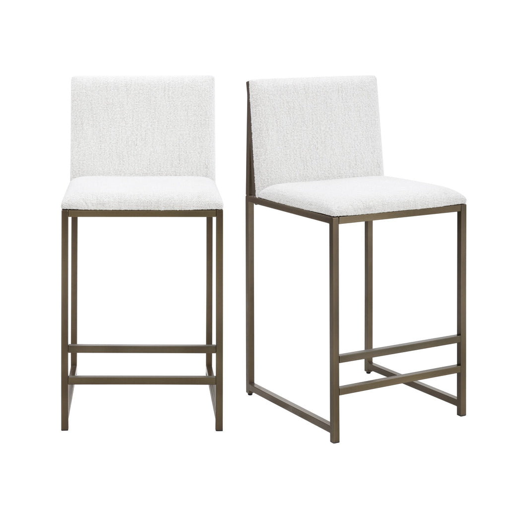 Tabouret de bar moderne en bouclette ivoire avec piètement en métal bronze pour cuisine