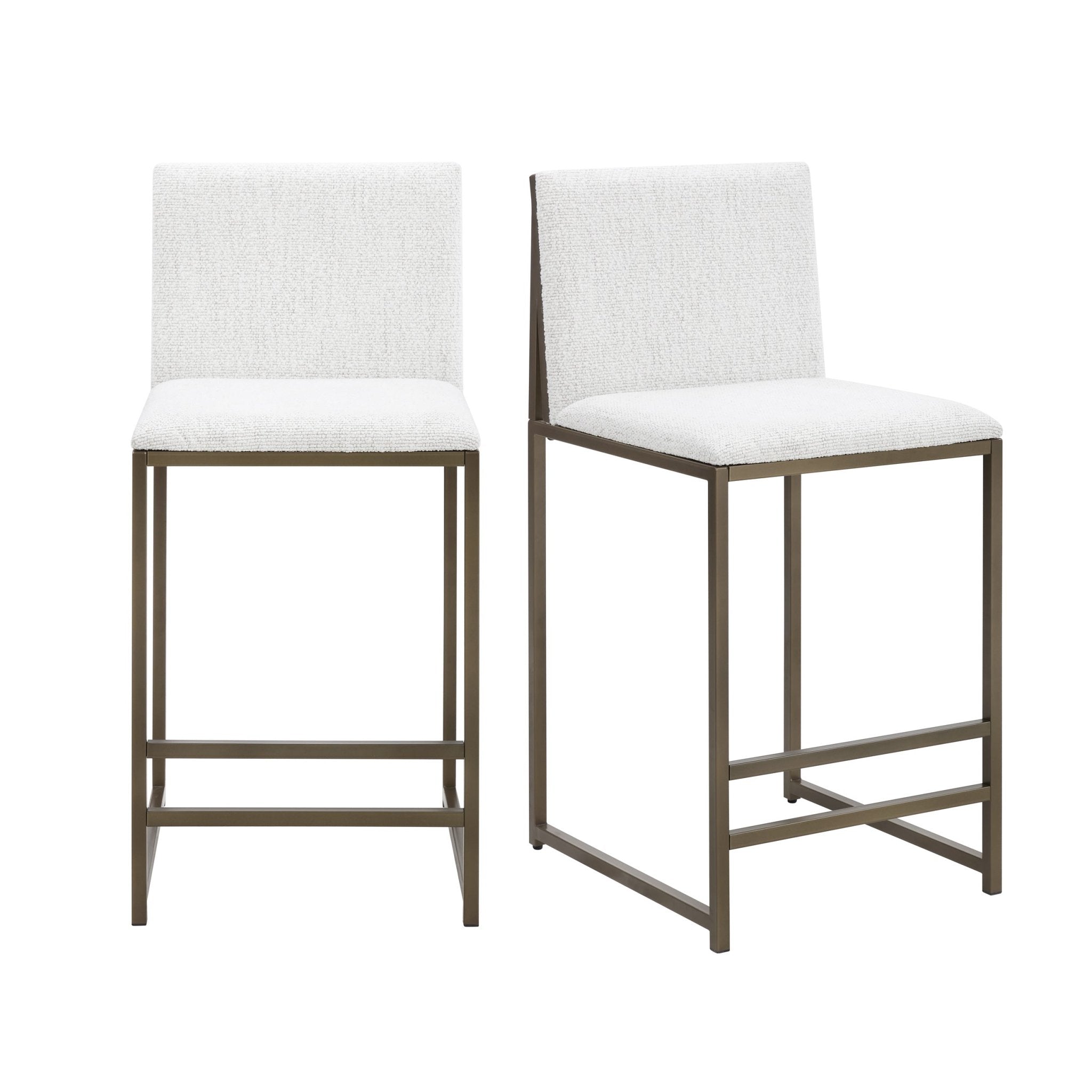 Tabouret de bar moderne en bouclette ivoire avec piètement en métal bronze pour cuisine