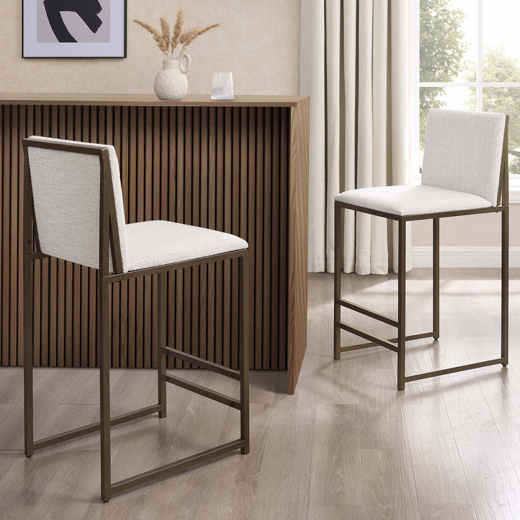 Tabouret de bar moderne en bouclette ivoire avec piètement en métal bronze pour cuisine