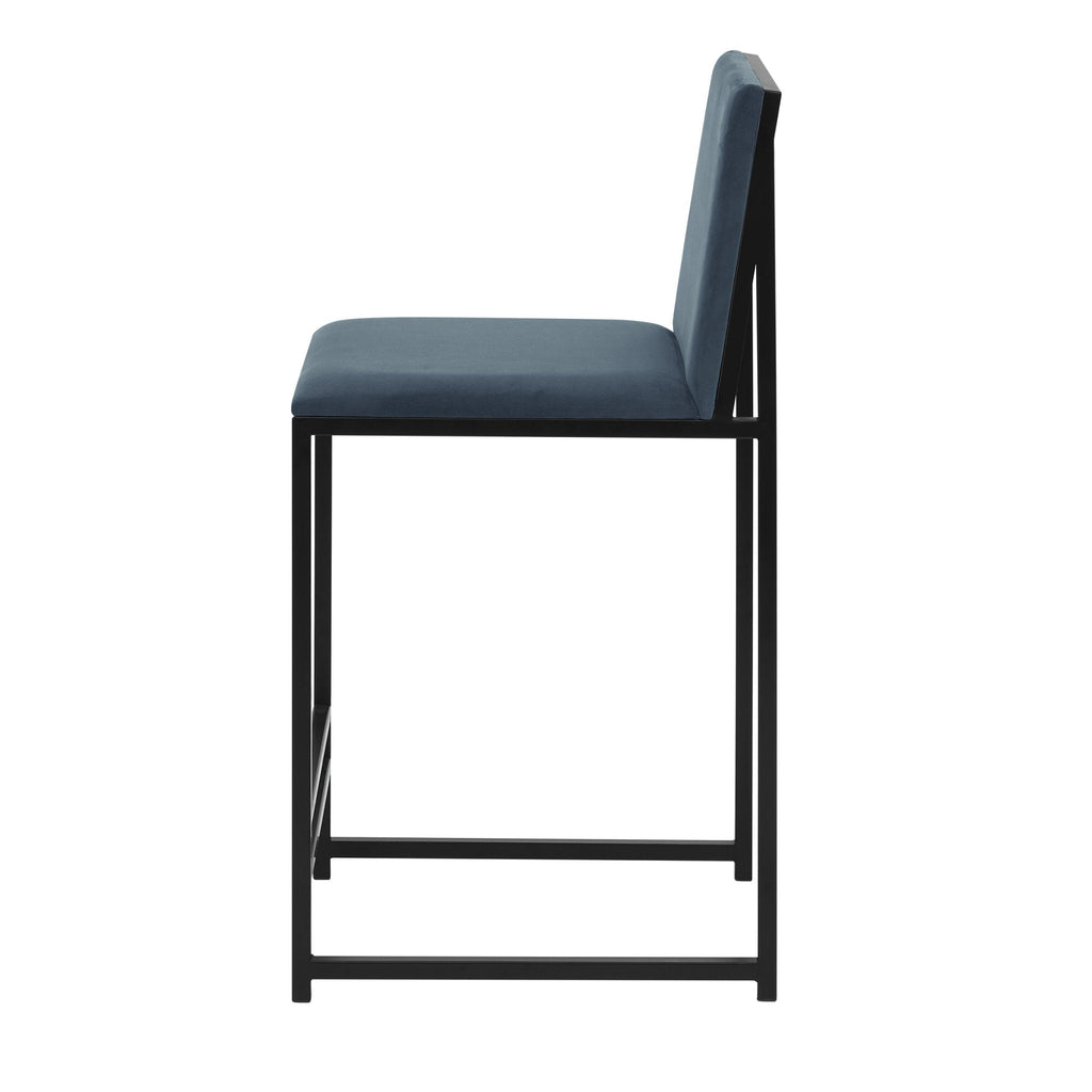 Tabouret de bar moderne en velours bleu avec cadre en métal noir pour cuisine