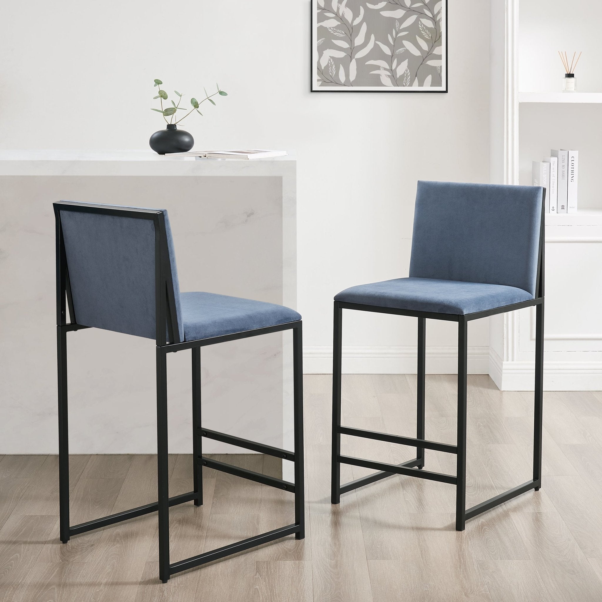 Tabouret de bar moderne en velours bleu avec cadre en métal noir pour cuisine
