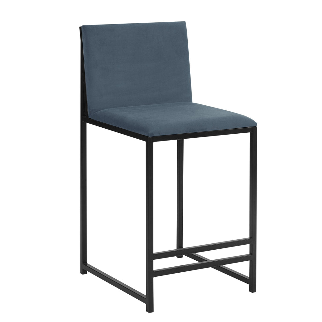 Tabouret de bar moderne en velours bleu avec cadre en métal noir pour cuisine