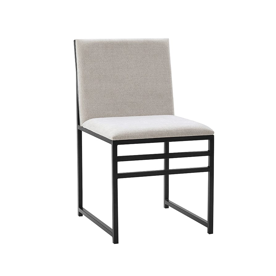 Chaise de salle à manger contemporaine en chenille claire naturelle avec piètement en métal noir pour salle à manger