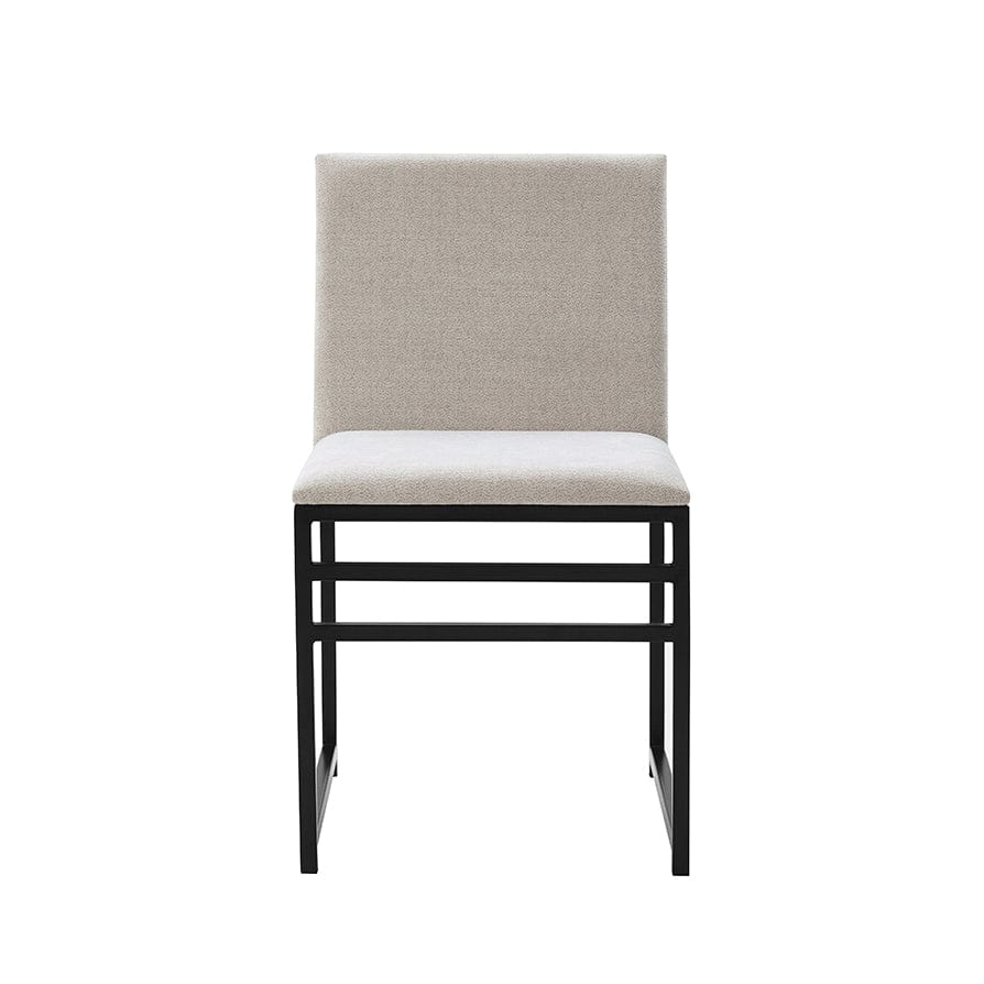 Chaise de salle à manger contemporaine en chenille claire naturelle avec piètement en métal noir pour salle à manger