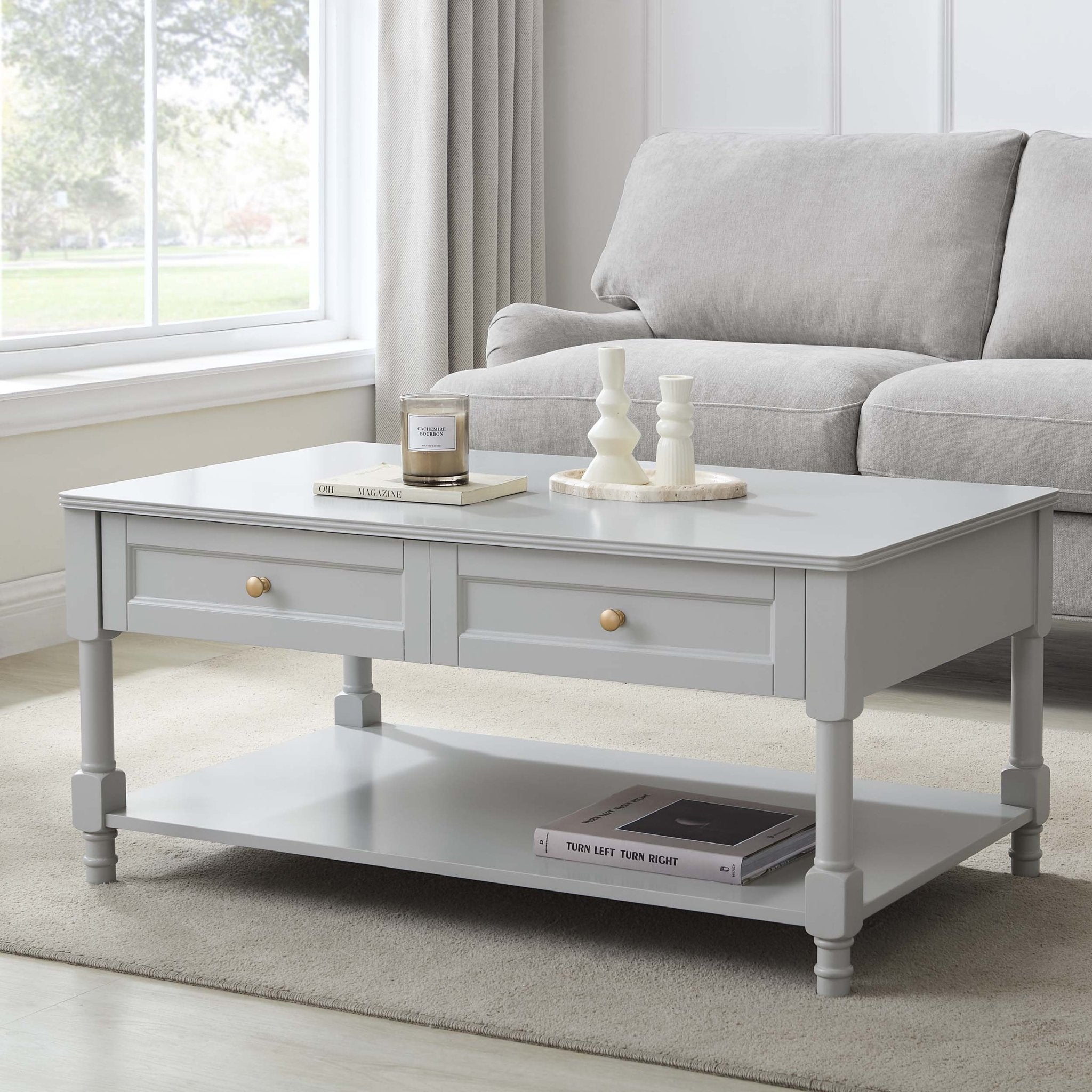 Table basse grise claire classique peinte avec tiroir de rangement pour le salon